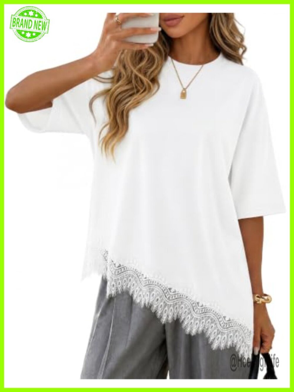 Oversized Lace Hem Short Sleeve Tunic T-Shirt